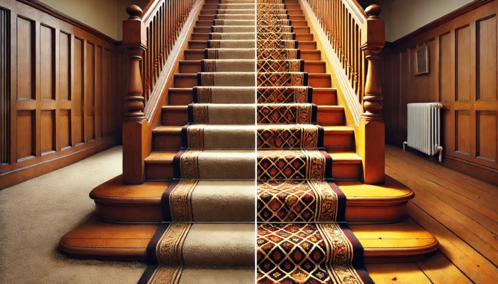 16_9 split-screen image of a Victorian-style staircase with wooden steps. A classic carpet runner runs down the centre of the stairs, showing a dirty left hand side and cleaned right hand side