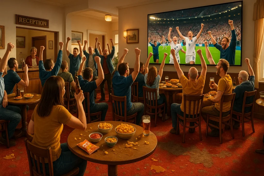 uefa womans football supporters happy jubilant crowd and snacks carpets family home domestic cleaning