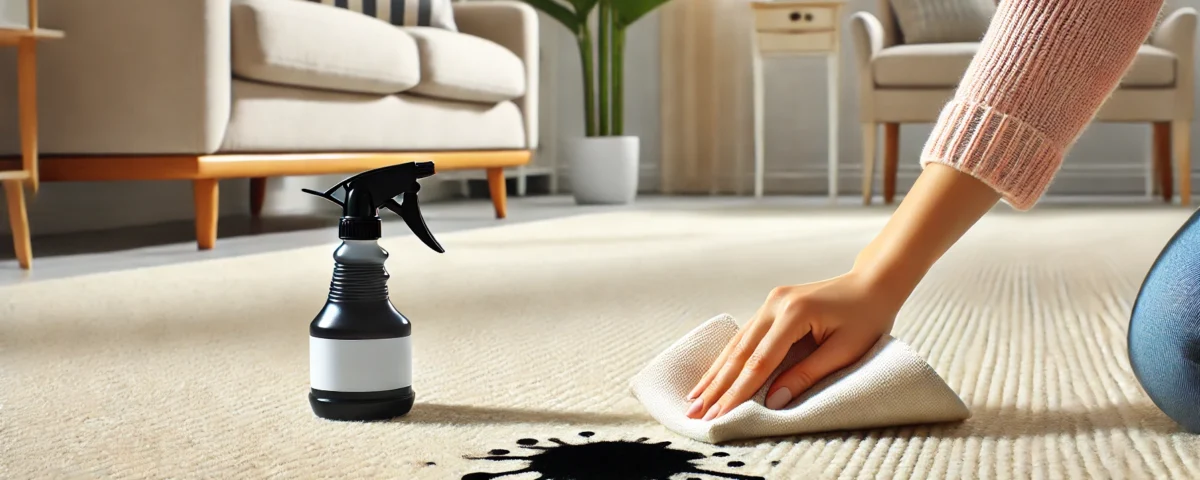 home fluids remove pen ink with a cream carpet featuring a small black ink stain. A hand is seen dabbing the stain